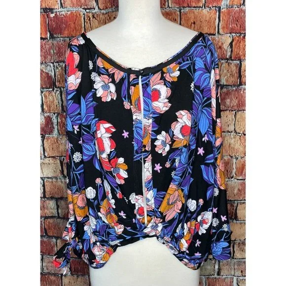 Free People Top Keepin' On Tie Sleeve Tee Floral Open Button Front Medium - Picture 2 of 8